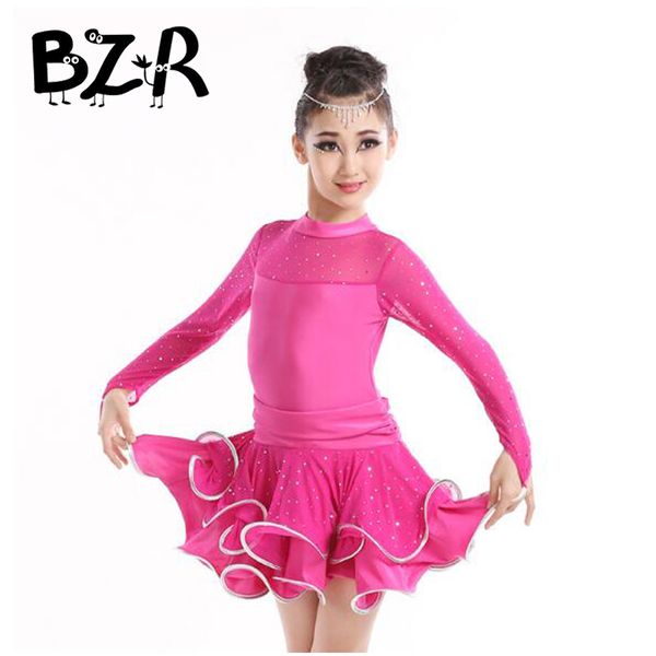 

bazzery kid girls latin dance dress costumes child long sleeve ballroom dance costume professional latin leotards for girl, Black;red