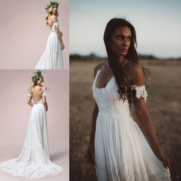 

vintage crochet lace chiffon beach holiday wedding dresses 2019 new modest rue de seine spaghetti backless greek goddess bridal dress cheap, White