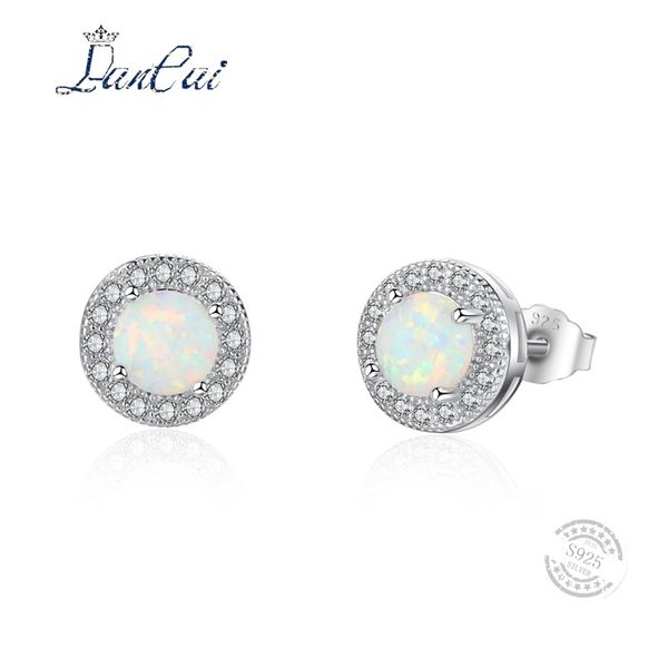 

lancai simple 925 sterling silver stud earrings white fire opal inlaid white zircon fine jewelry for women gift, Golden;silver