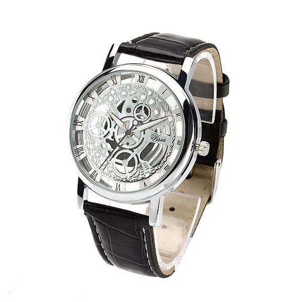 

fashion business skeleton watch men engraving hollow reloj hombre dress quartz wristwatch leather band luxury watch women, Slivery;brown