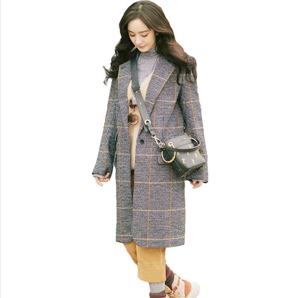 

jsxdhk runway fall winter women long plus size woollen coat plaid turn down collar tweed casual loose outerwear, Black