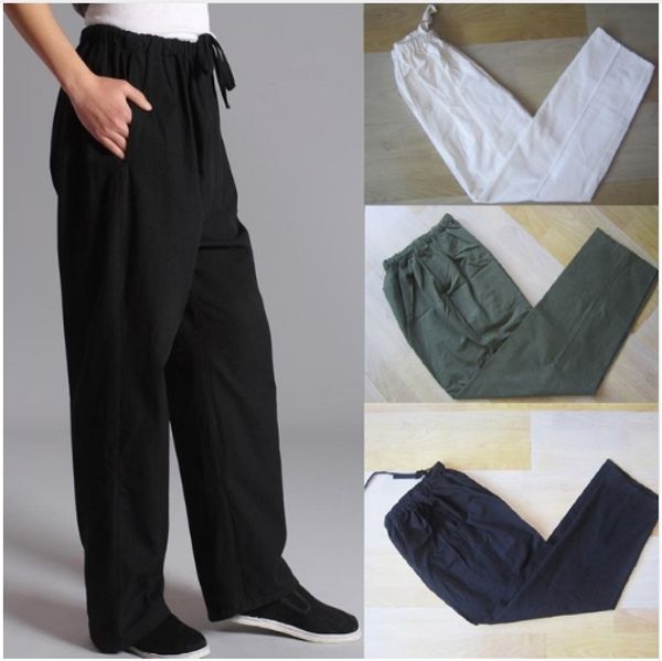 

100% cotton chinese traditional men's pants wu shu tai chi elastic waist loose long trousers s m  xl xxl xxxl, Black