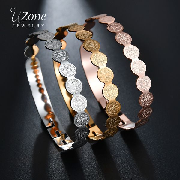 

uzone 3 color silver gold rose gold charm bangle circle jesus cross stainless steel bangle&bracelet for women vrouwen armband, Black