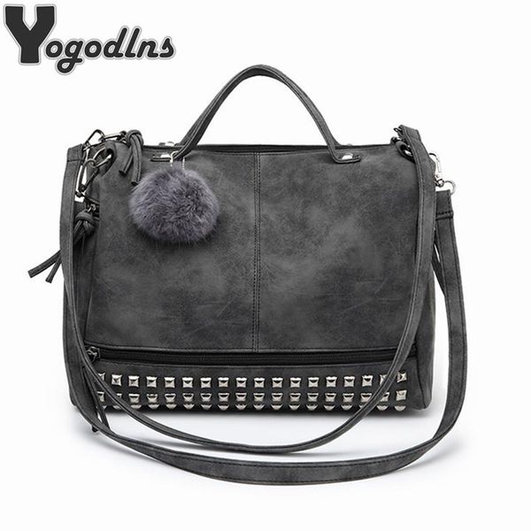 

vintage nubuck leather female handle bags rivet larger women bags hair ball shoulder bag motorcycle messenger bag