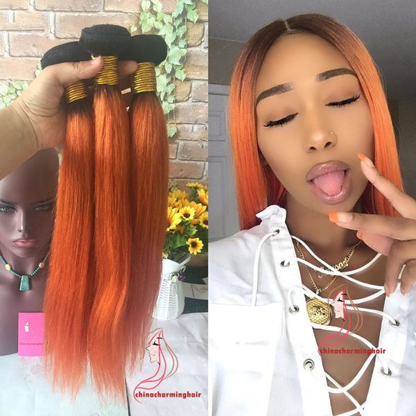 Straight Ombre Black And Orange Hair Extensions 1b Orange Two Tone