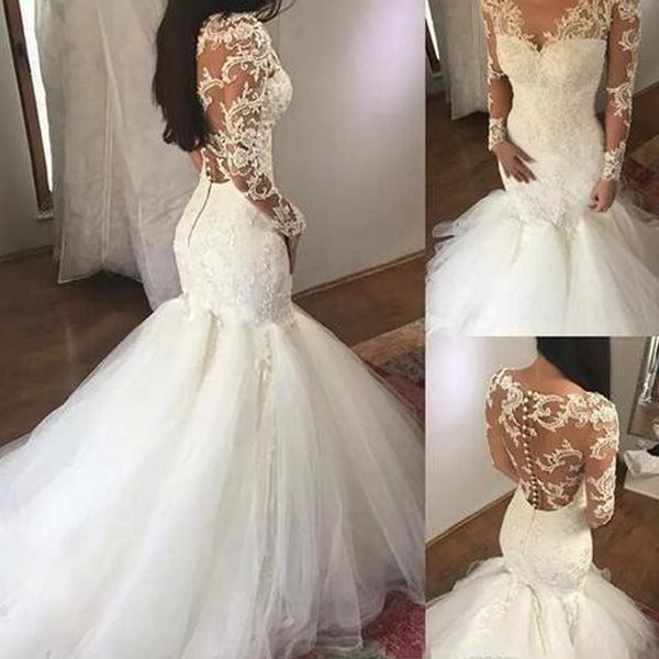 Meerjungfrau-Hochzeitskleider, Brautkleider, V-Ausschnitt, Illusion, lange Ärmel mit Spitzenapplikationen, taillierte Trompeten-Brautkleider, Tüllrock