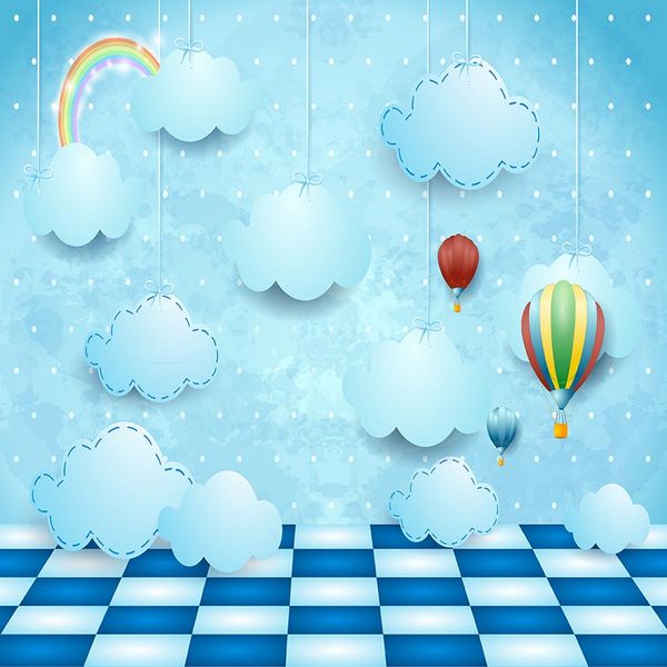 Sfondo di nuvole appese arcobaleno di cartoni animati Sfondo di mongolfiere stampate blu Testi personalizzati Baby Kids Birthday Party Photo Background