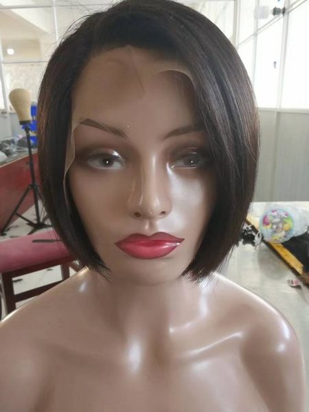 

short bob brazilian glueless lace front human hair wigs with bangs short human hair wigs for black women pixie cut straight wigs, Black;brown