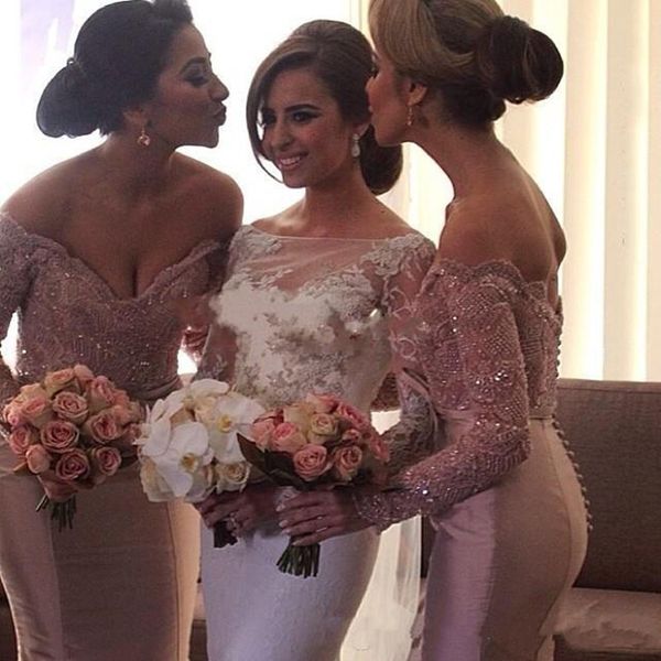 

2019 new dusty pink off shoulder bridesmaid dresses wedding formal gowns super mermaid long sleeves maid of honor dress, White;pink