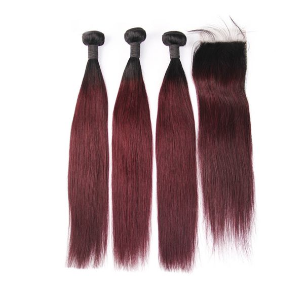 

3 human hair bundles with closure ombre peruvian straight hair 1b burgundy red color 99j two tone bundle with lace closure, Black;brown