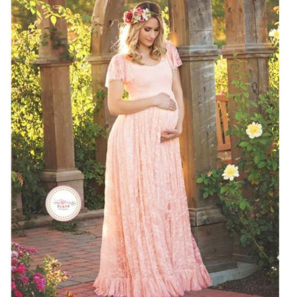 SodawnLace Kleid für schwangere Frauen, Europa, Vereinigte Staaten, Stil, Rüschen, kurzärmelig, langes Kleid, Foto- und Knöchel-Schwangerschaftsrock