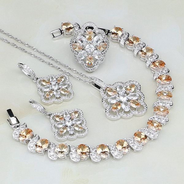 

925 silver jewelry champagne orange white cubic zirconia jewelry sets for women stud earring/pendant/necklace/bracelet/ring, Slivery;golden