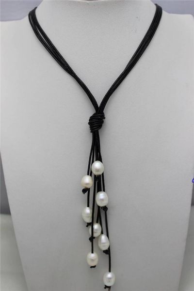 

wholesale >>>black genuine leather white freshwater pearl necklace alloy 20" beauty, Silver