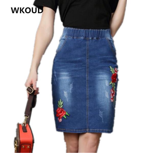 

wkoud 2018 embroidery denim skirt women fashion high waist floral skirts casual jeans new jag knee-length skirt shorts p8236, Black