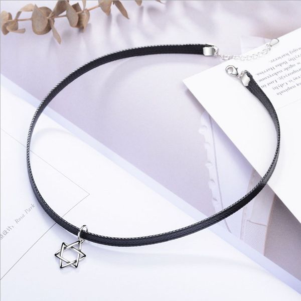 

onewan new fashion black wax rope torques choker 925 silver hexagonal star pendant necklaces for women clavicular chain jewelry