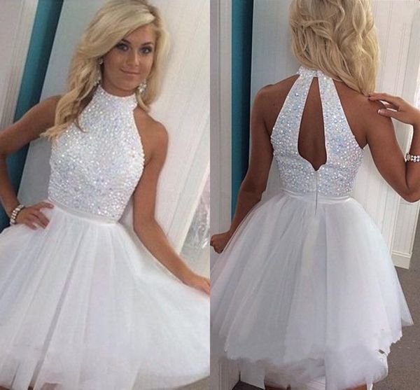 

Hot Sale 2018 Graduation Dresses with High Collar Beaded Sexy Back Homecoming Party Gowns Sleeveless Tulle A Line Dress