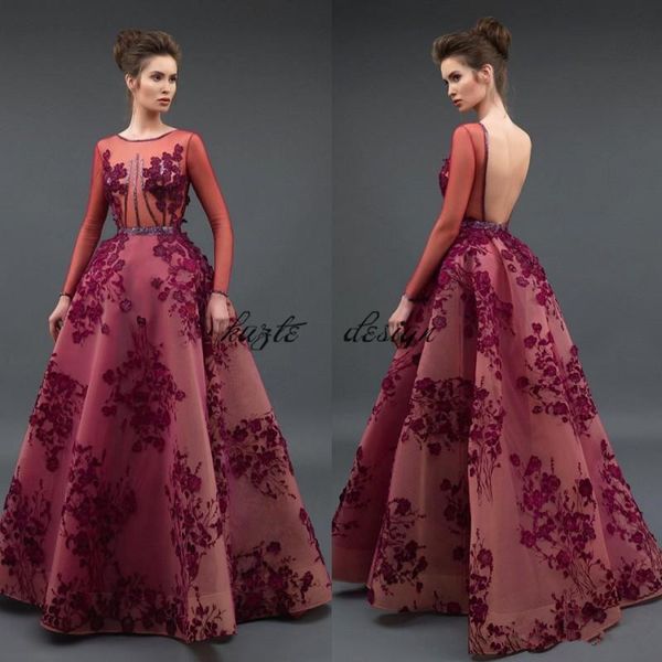 

new zuhair murad evening dresses long sleeve backless formal celebrity dress floor length 3d appliques prom gown, Black;red