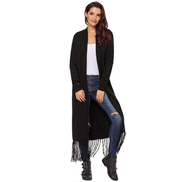 

olid color knitted jacket with a wide open thumb hole, long sleeve bottom fringe, long cut cardigan, Black;brown