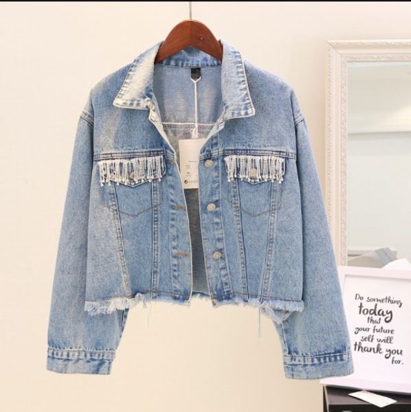 

2018 spring autumn new women's tassel diamonds fashion loose short denim jackets female casual outwear jeans jacket women coat, Black;brown