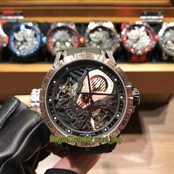 

luxury new excalibur rddbex0654 skeleton dial double tourbillon japan miyota automatic mens watch rose gold case rubber strap sport watche, Slivery;brown