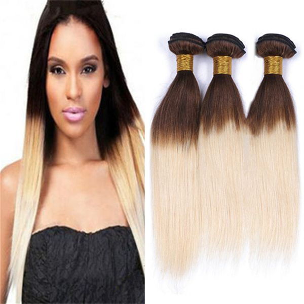 

indian brown and blonde ombre human hair weave 3 bundles two tone 4/613 chestnut brown roots blonde ombre hair extensions, Black