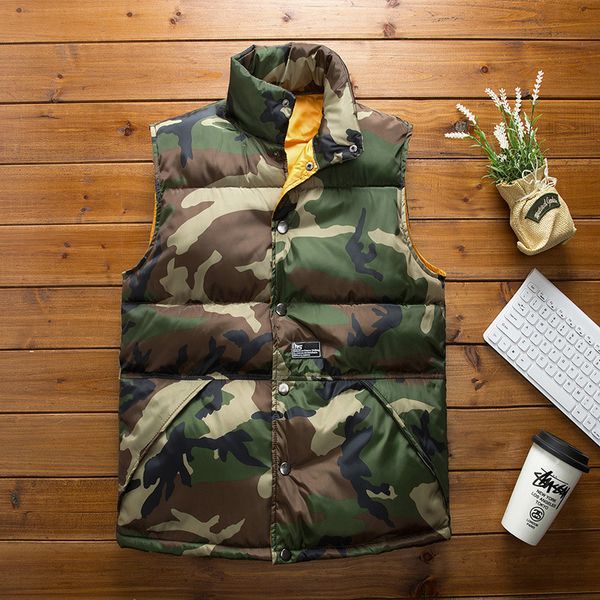 

2018 winter men's fashion camouflage printing vestcoat cotton-padded waistcoat waterproof warm sleeveless winter jacket outwear, Black;white