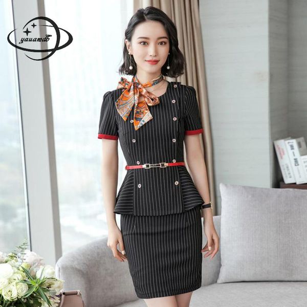 

yauamdb women skirt suits 2018 summer s-3xl female blazer stripe clothing set blazer+package hip skirt 2pcs ladies clothes y102, White;black