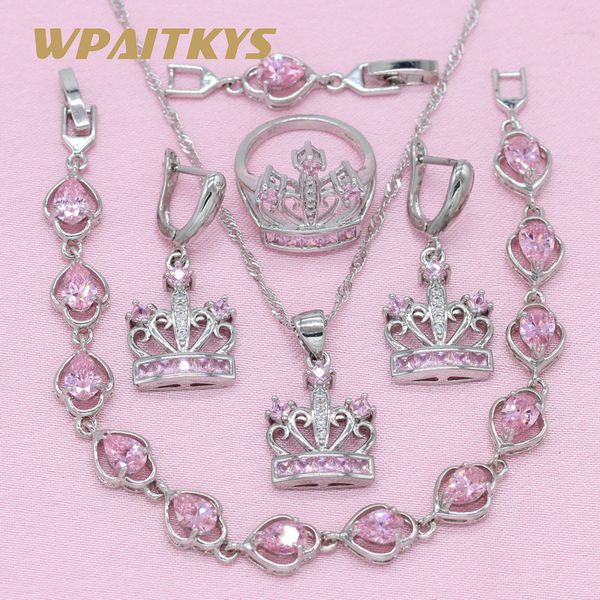 

romantic crown pink 925 silver jewelry sets for women wedding earrings bracelet pendant necklace ring gift box