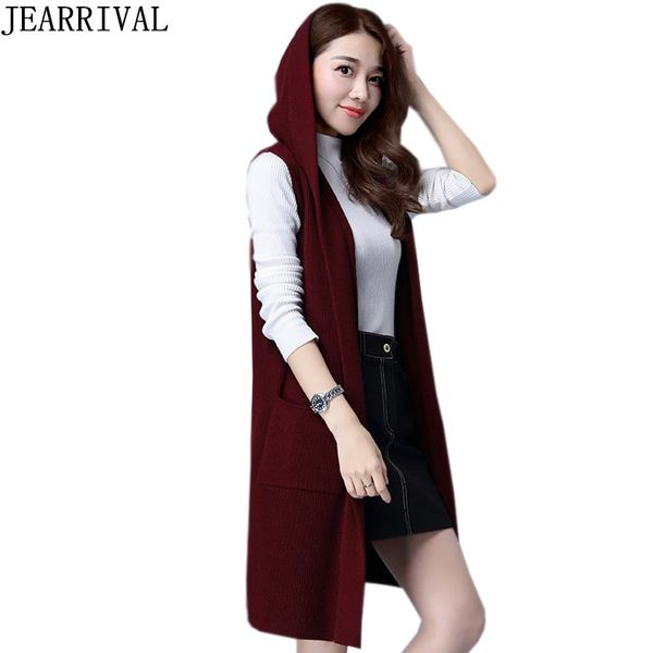 

2017 autumn winter hooded cardigans women sleeveless knitted pockets sweater casual long oversized vest female cardigans, White;black