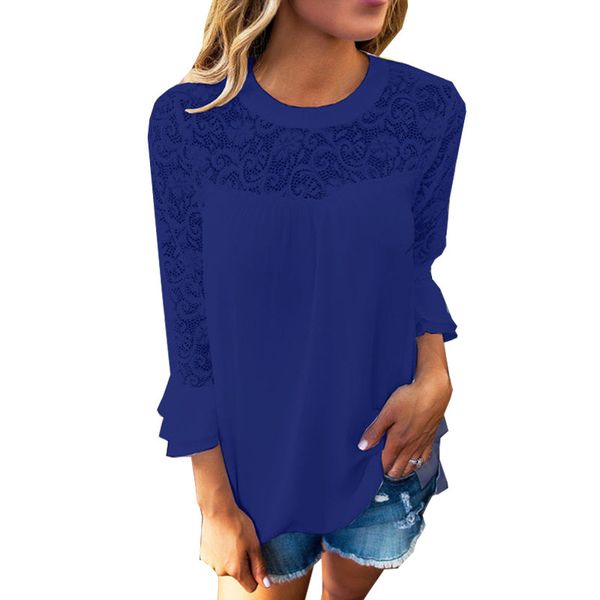 

women blouses and 2018 spring fashion flare sleeve lace chiffon shirts ladies chic jumper plus size blusas y camisas mujer, White
