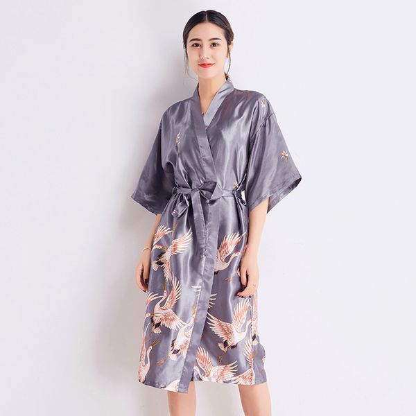 

summer lady grey robe gown sexy women print sleepwear satin casual kimono bathrobe half sleeve nightdress casual home wear, Black;red