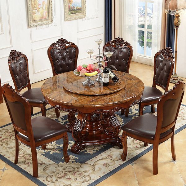 2019 Round Natural Marble Rubber Wood Dining Table Red Brown Solid Small Apartment Turntable Dinette Combination From