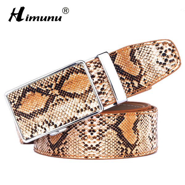 

[himunu] new genuine leather snake grain belt for men automatic buckle strap ceinture men belts high quality, Black;brown