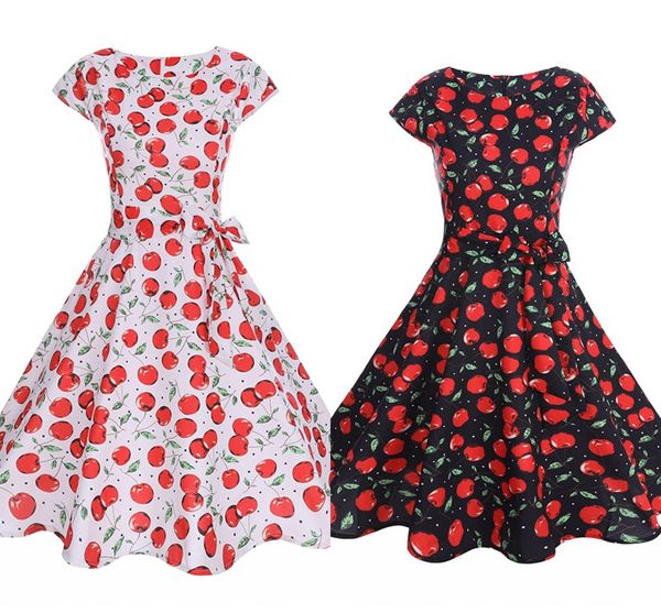 

новые летние старинные веселые печатные повседневные платья 2018 с короткими рукавами линии молния назад женская одежда с бантом fs3820, Black;gray