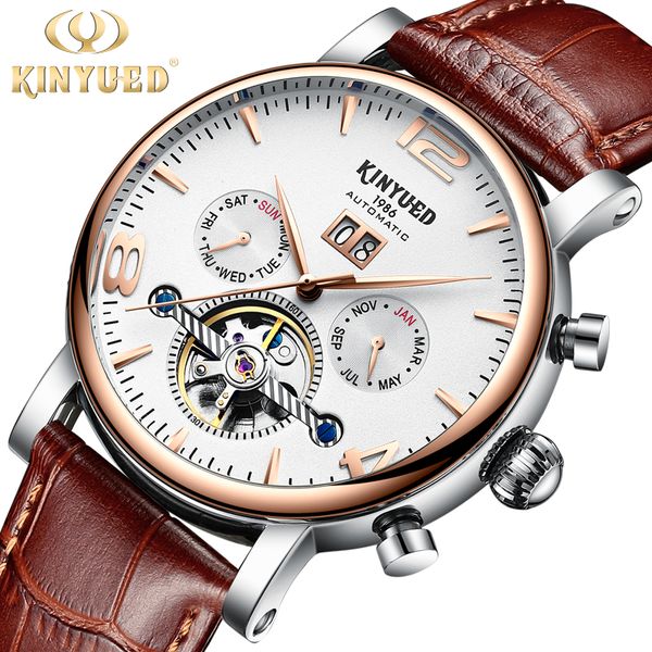 

kinyued men mechanical watch automatic wristwatches business leather waterproof reloj sports watches montre homme, Slivery;brown
