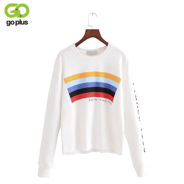 

goplus new 2018 spring women sweatshirt raw edge hems rainbow letter print hoody cotton hoodies girls c4870, Black