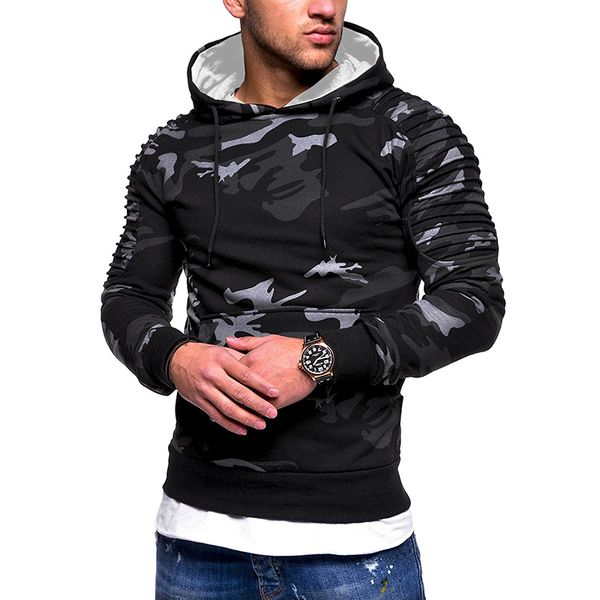 

loldeal men long sleeve hoodie male camouflage patchwork blouse casual shirt with zipper pocket, Black