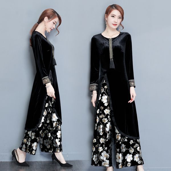 

woman autumn and winter national costume set velvet cheongsam set two-piece dress + pants slim thin woman pants suit, Gray