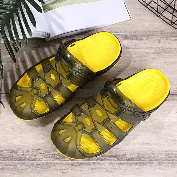 

breathable hollow out flip flops rubber garden shoes men outdoor beach leisure male sandals lazy mesh wading sandals, Black