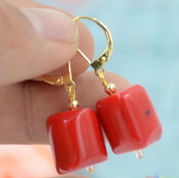 

s1768 10x16mm cylindricality red coral dangle earring, Golden