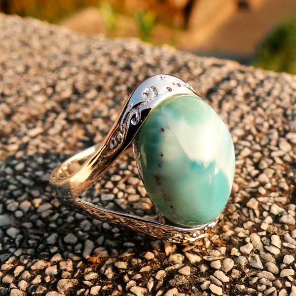 

genunie natural blue larimar crystal 12.7mm*15.7mm solid 925 sterling silver women ring for lover/wife/mom/grandma/granny 6/7/8, Golden;silver