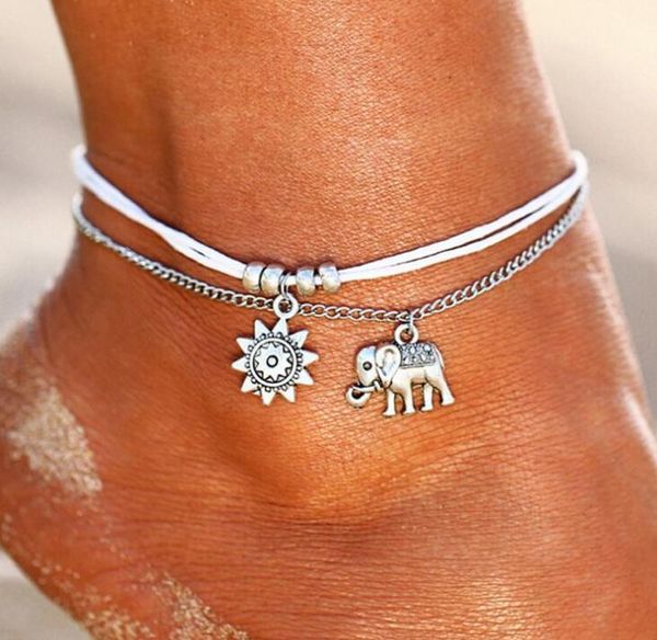 

10pcs vintage star elephant anklets bracelet for women boho pendent double layer anklet bohemian foot jewelry gift, Red;blue