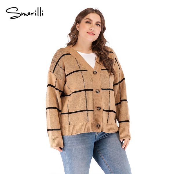 

plus size women's jacket autumn&winter cotton casual short coat plaid button long sleeve knitted cardigan sweater, Black;brown