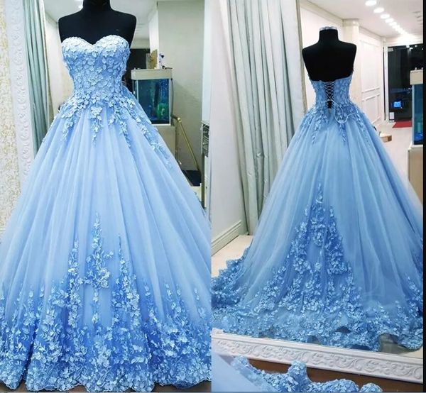 Hellblaue Schatz-Spitze-Ballkleider Quinceanera-Kleider, Tüll-Applikation, lange Ballkleider, süße Mädchen-Kleider für 16 Jahre mit Schnürung