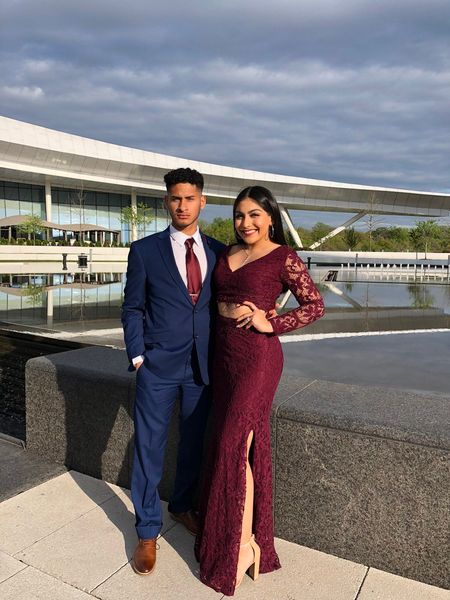 

v neck two pieces prom dresses long sleeve burgundy lace formal dresses leg slit graduation party dresses, Black