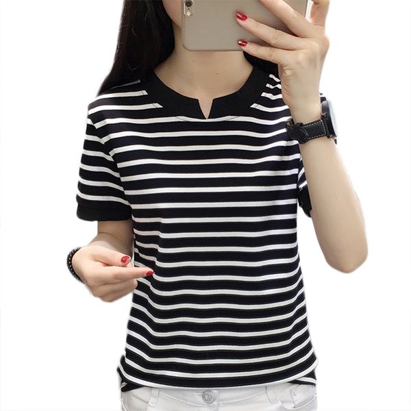 

women summer stripe casual t shirt 2018 women o-neck short sleeve t-shirt coon female white black tees shirts 5xl
