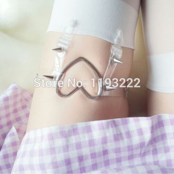 

kawaii punk gothic amo handmade heart harness, clear leg garter belt, studded spikes thigh loop ring, Black;white