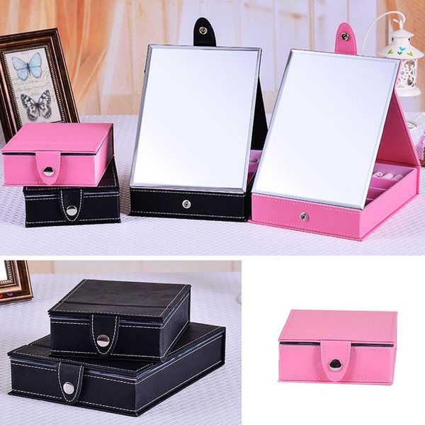 Fashion Faux Leather Folding Makeup Mirror Desktop Storage Box Cosmetic Holder Organizer With Black Pink Table Tri Fold From