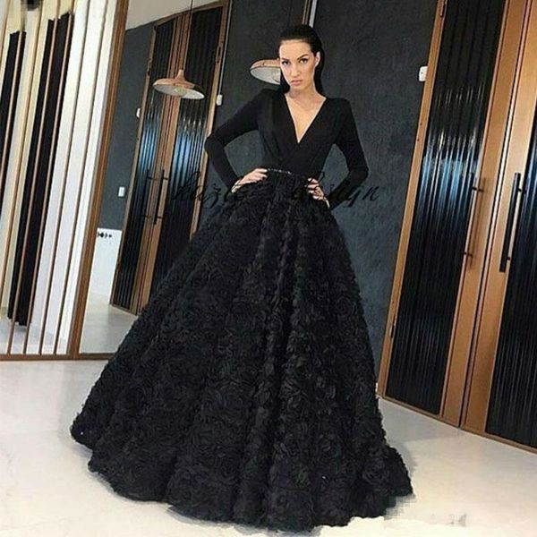 

elegant black 3d rose floral puffy prom dresses deep v neck long sleeve formal dubai arabic evening pageant wear flower red carpet gowns, Black;red