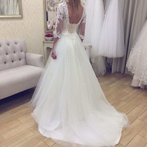 

country wedding dresses lace appliques tulle bridal gowns sheer bateau neck illusion sleeves open back sweep train zipper corset, White